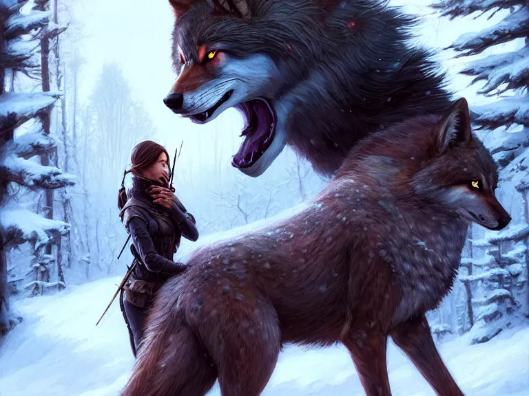 Image similar to a beautiful and aesthetic huntress with big wolf on the winter valley, toward to the camera, hunting the monsters, cynical, dramatic pose, intricate, highly detailed, detailed face, smooth, sharp focus, environmental light, rim light, artgerm, artstation, greg rutkowski, ilya kuvshinov, rossdraws, fantasy illustration