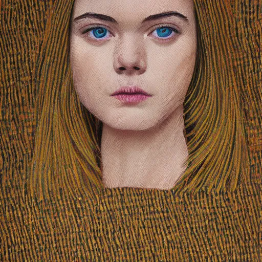 Prompt: Elle Fanning in the style of Anni Albers, head and shoulders portrait, stormy weather, extremely detailed masterpiece,