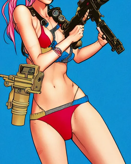 Prompt: comic cover art of a bikini girl riding a missile, inspired by gunsmith cats and tank girl, illustration by jenny frison and sana takeda, intricate details, stunning inking lines, stunning gradient colors, 4 k, hd, artstation