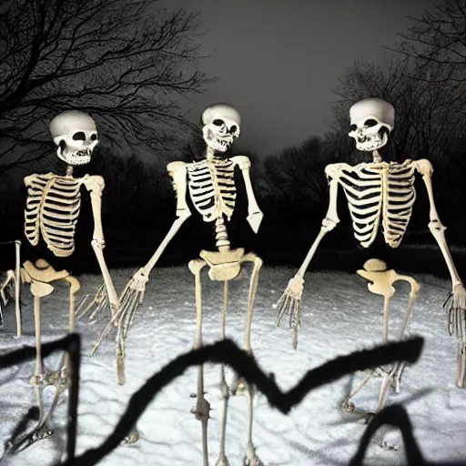 Prompt: Three skeletons celebrate Christmas in a spooky graveyard, night, eerie, surreal