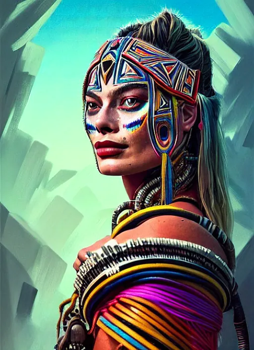 Image similar to portrait of margot robbie, hyper detailed ultra sharp aztec shaman warrior. trending on artstation, warpaint aesthetic, bloodwave, colorful, psychedelic, ornate, intricate, digital painting, concept art, smooth, sharp focus, illustration, art by artgerm and greg rutkowski and h. r. giger, 8 k