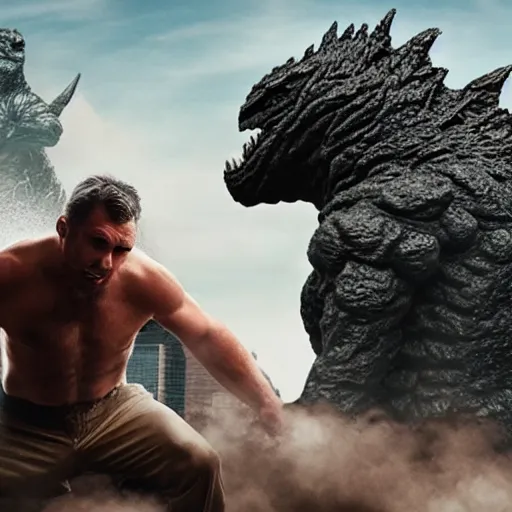 Prompt: a Caucasian man fighting with Godzilla