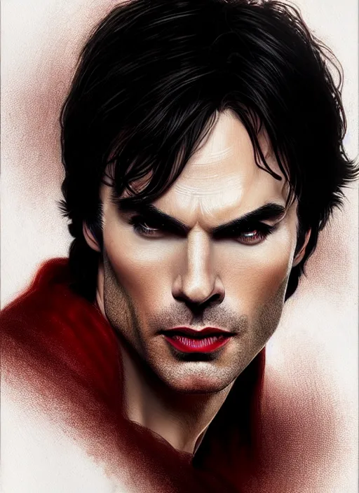 Image similar to portrait of ian somerhalder as a sultry vampire lord, damon salvatore, jewelry, greek, ruby, intricate, headshot, highly detailed, digital painting, artstation, concept art, sharp focus, cinematic lighting, illustration, art by artgerm and greg rutkowski, alphonse mucha, cgsociety