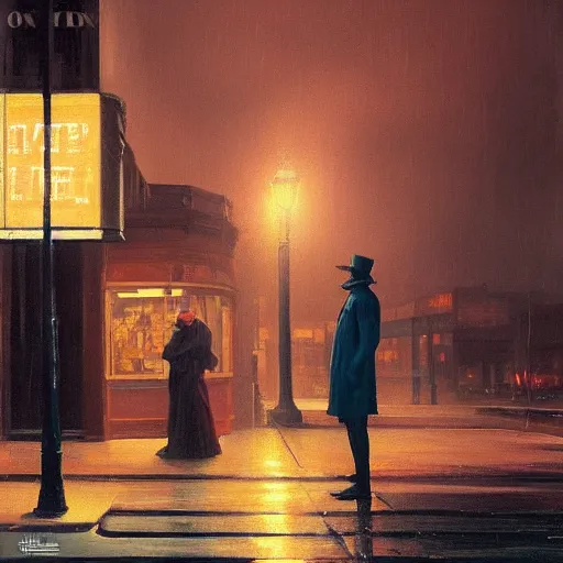 Image similar to A yorkie at night in the world of Edward Hopper, stormy snowy weather, streetlights, extremely detailed masterpiece, oil on canvas, low-key neon lighting, artstation, Blade Runner 2049, Roger Deakin’s cinematography, by J. C. Leyendecker and Peter Paul Rubens,