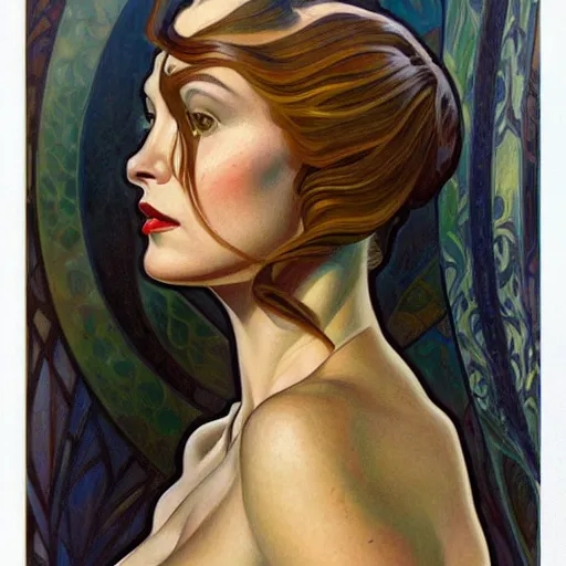 Image similar to a streamline moderne painting in the style of donato giancola, and in the style of charlie bowater, and in the style of alphonse mucha. symmetry, smooth, sharp focus, semi - realism, intricate detail.