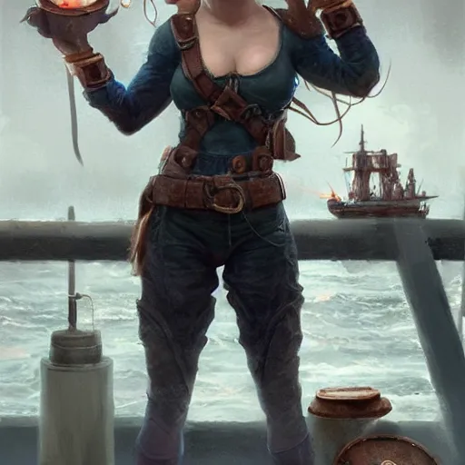 Image similar to beautiful muscular female gnome engineer, casting lightning magic, short black pixie undercut hair, standing on ship deck, naval background, intricate, D&D, highly detailed, full body portrait, wide angle, digital painting, artstation, smooth, sharp focus, great composition, illustration, art by Greg Rutkowski, trending on artstation