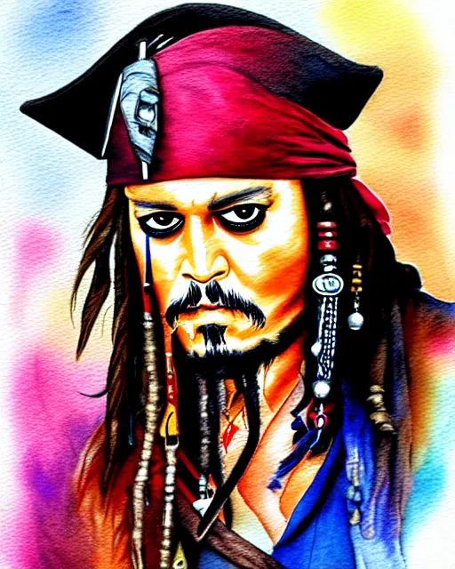 Image similar to portrait of captain jack sparrow, painterly style, matte illustration, watercolour