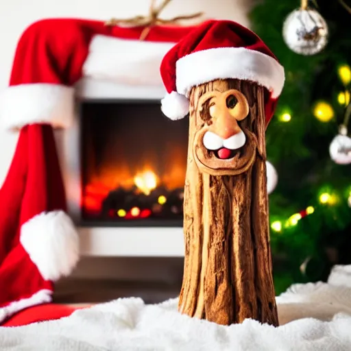 Image similar to tio de nadal, log with a santa hat