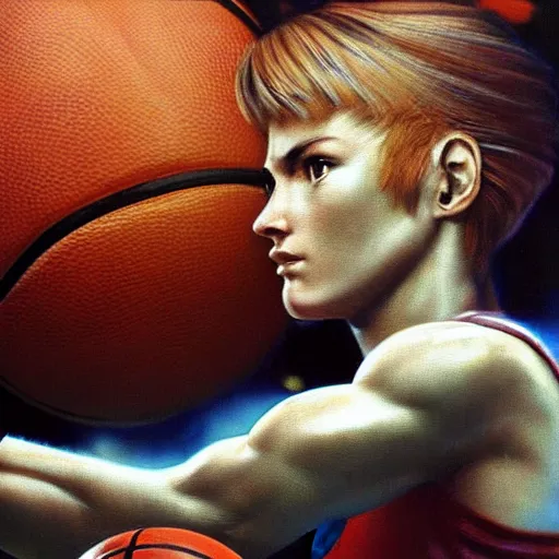 Prompt: samus aran from metroid playing basketball, extremely detailed masterpiece, roger deakin ’ s cinematography, oil on canvas, norman rockwell