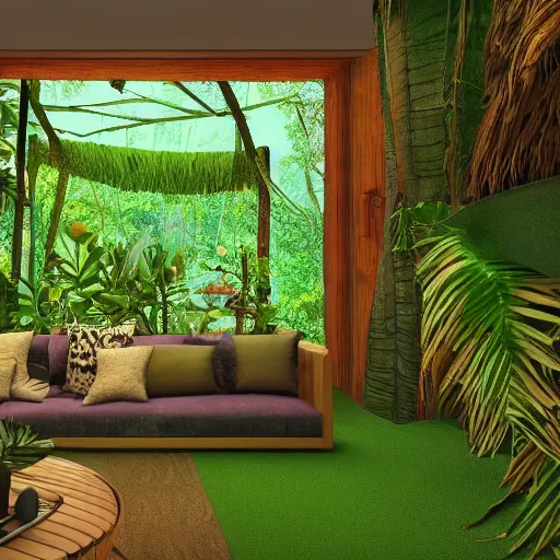 Image similar to interior design of a jungle house, vivid lighting, photorealist, 4 k