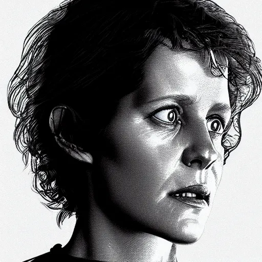 Image similar to a portrait of ellen ripley in alien, filmstill in the movie alien, ultrafine hyperdetailed illustration by kim jung gi, masterpiece. rendered in blender, smooth shadows, ultra detail, high resolution, unreal 6, 8 k