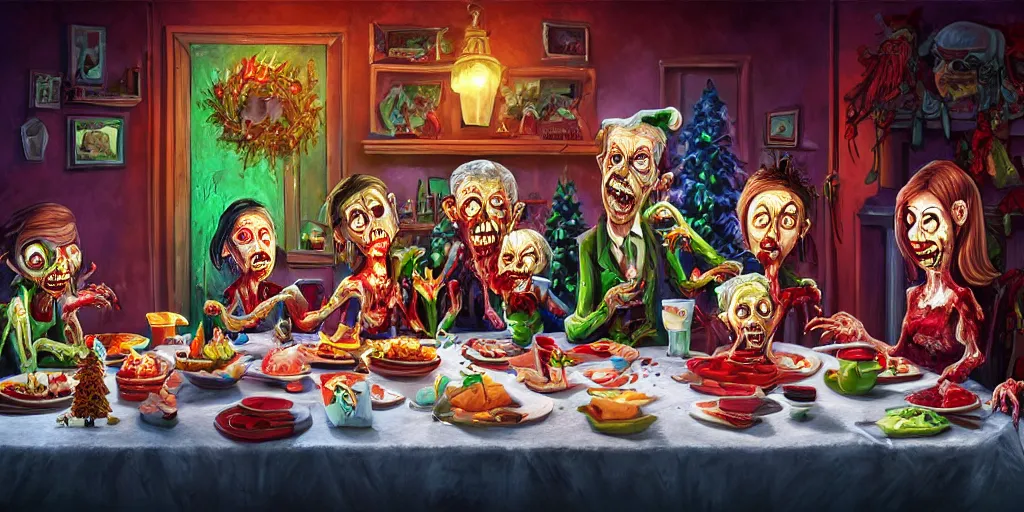 Image similar to a zombie family christmas diner, vivid colors, wide angle, super highly detailed, professional digital painting, artstation, concept art, smooth, sharp focus, no blur, no dof, extreme illustration, unreal engine 5, photorealism, hd quality, 8 k resolution, cinema 4 d, 3 d, beautiful, cinematic, art by tim burton