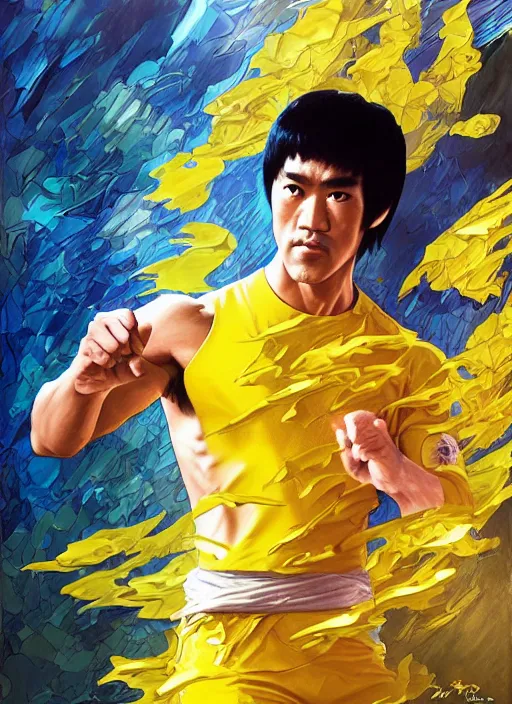 Image similar to bruce lee, yellow, spike aura in motion, floating pieces, painted art by tsuyoshi nagano, greg rutkowski, artgerm, alphonse mucha, spike painting