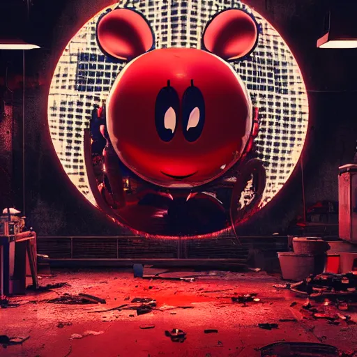 Image similar to a giant mickey mouse head, factory floor, surrounded by factory workers, octane render, cgstation, 3 d render, very detailed, mindblowing, blood and guts, gritty, cyberpunk, red and cinematic lighting, hyper realism