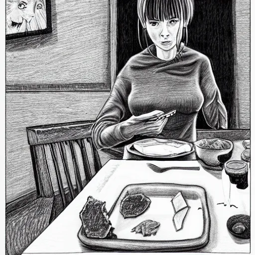 Image similar to A woman at dinner eating raw meat, Highly detailed ,horrible,pencil drawing, by Junji Ito