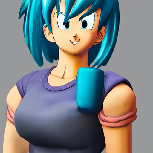 Image similar to Bulma from Dragon Ball, photo realistic, dynamic lighting, volumetric lighting