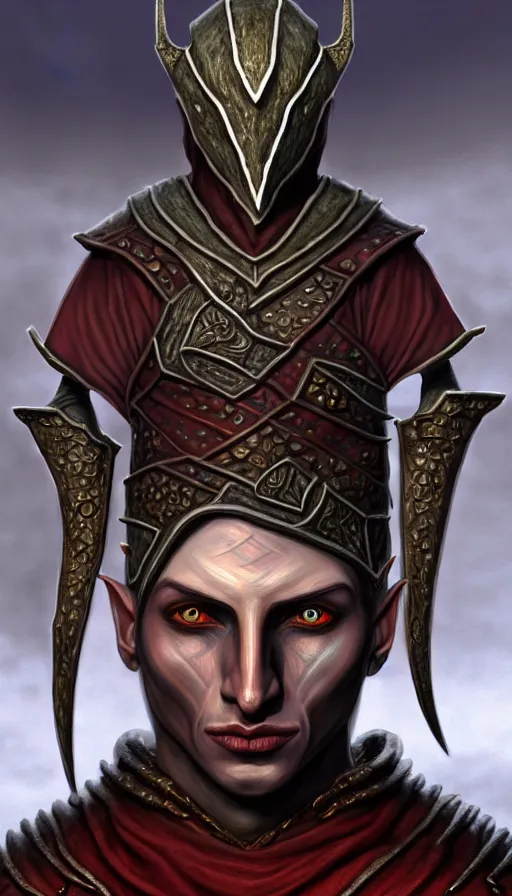 Prompt: hyperrealistic full body imsage of morrowind dunmer male nerevarine in front of balmora, red eyes, 3 / 4 portrait, symmetrical face, handsome face, full body dnd character portrait, medieval armor, morrowind armor, oblivion armor, skyrim armor, eso armor, intricate, highly detailed, elegant, 4 k, artstation, deviantart