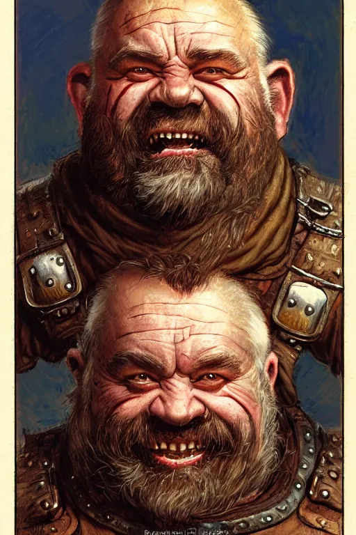 Prompt: head and shoulders portrait of a dwarf adventurer, jovial, scarred lip, grandfatherly, leather armor, male, tavern, high fantasy, d & d, by donato giancola, face details, extremely detailed, digital illustration