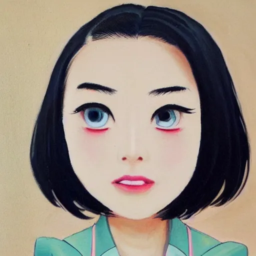 Prompt: a pretty young girl of 2 5, japanese, with big eyes, short shoulder - length hair and a suit ， paintingby sam yang