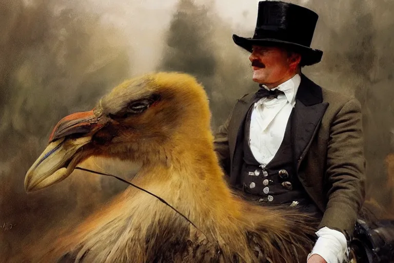 Prompt: portrait of a respectable dignified royal business elite politician wearing a top hat and coat tails riding on an emu, art by anders zorn, wonderful masterpiece by greg rutkowski, beautiful cinematic light, american romanticism by greg manchess, jessica rossier