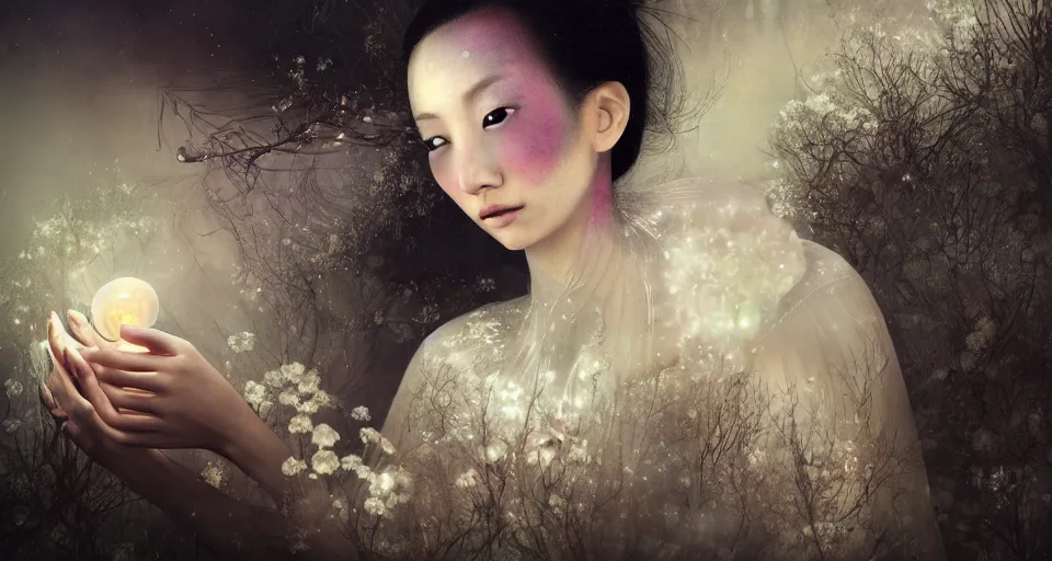 Image similar to closeup shot of asian female wearing a luminous soft fragile jelly fish dress, by ray caesar, by louise dahl wolfe, by andrea kowch, by anna claren, surreal photography