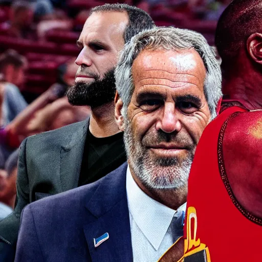 Image similar to photograph of lebron james hugging Jeffrey Epstein