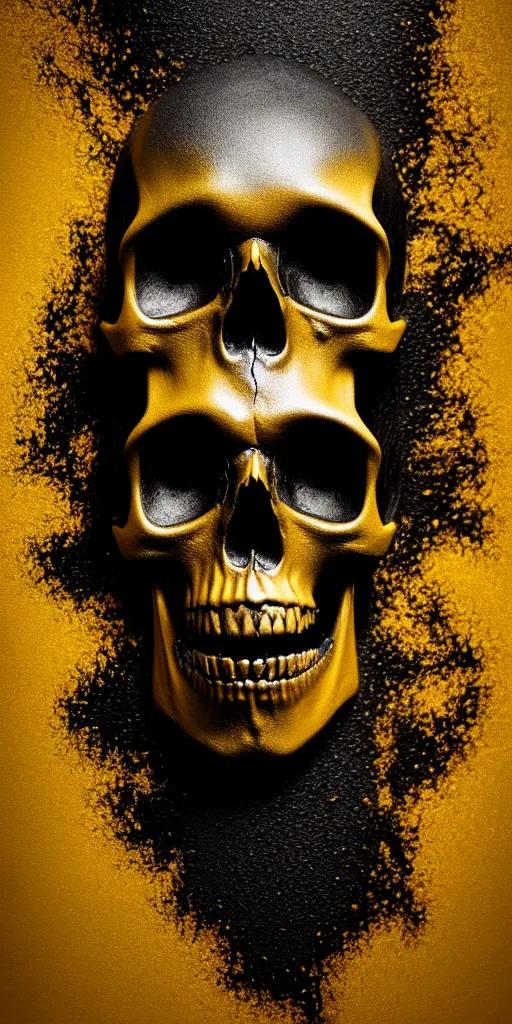 Prompt: a matte black skull that is split in half and has liquid gold paint dripping over it, with an art deco boarder, high quality, photo realistic, studio lighting