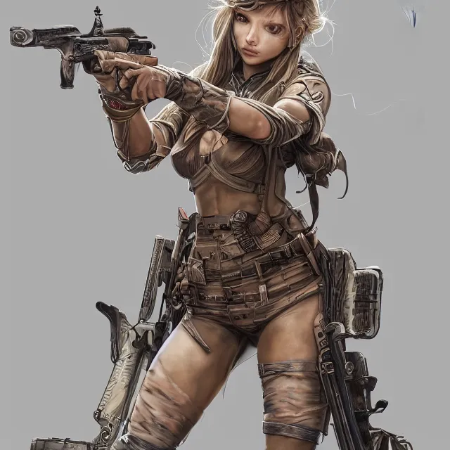 Prompt: the portrait of lawful neutral colorful female infantry gunner as absurdly beautiful, gorgeous, elegant, young russian swimsuit model looking straight, an ultrafine hyperdetailed illustration by kim jung gi, irakli nadar, intricate linework, incredibly detailed faces, extremely sharp focus, octopath traveler, unreal engine 5 highly rendered, global illumination, radiant light, detailed and intricate environment