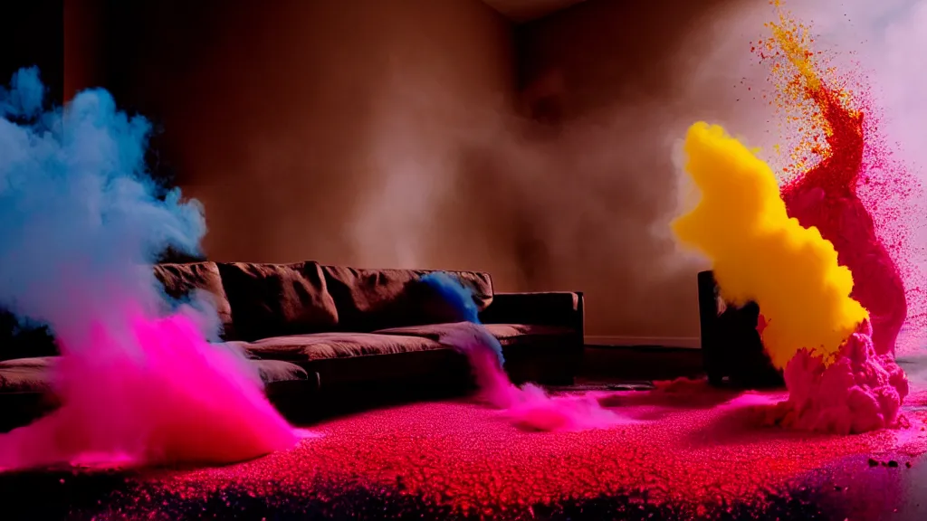 Prompt: colored powder explosion in the living room, film still from the movie directed by Denis Villeneuve with art direction by Salvador Dalí, wide lens