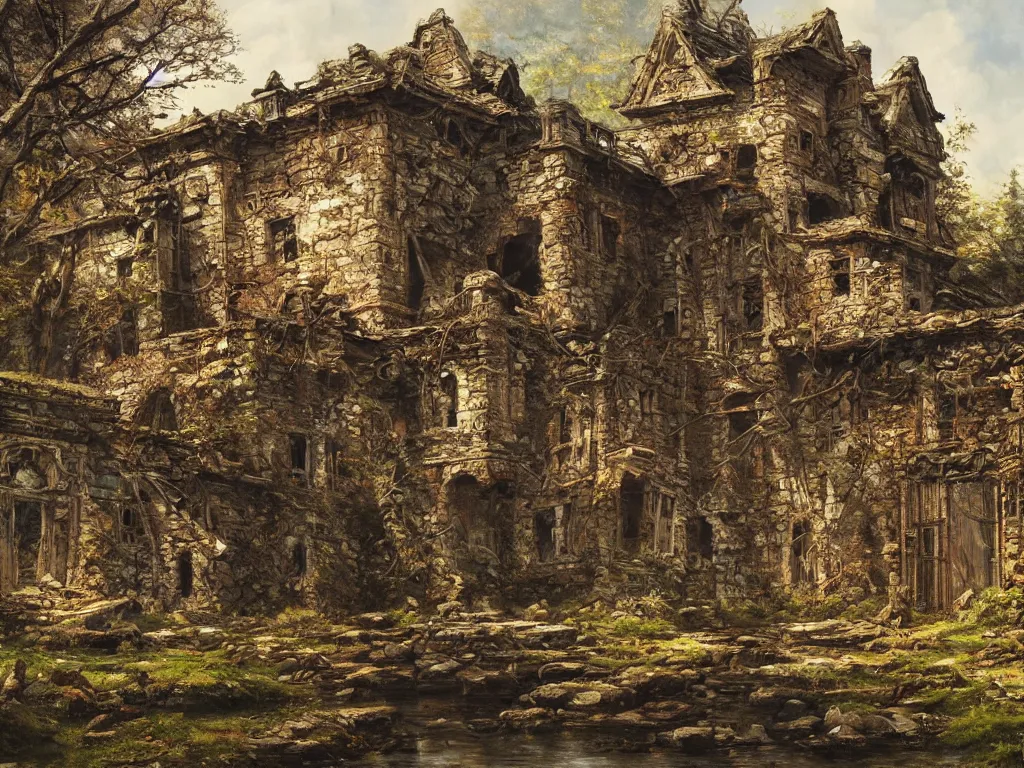 Prompt: A beautiful painting of a dilapidated ancient castle building in the wood, by Noriyoshi Ohrai, Trending on artstation, very detailed