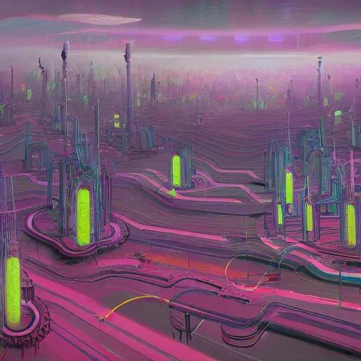 Prompt: beautiful painting of anemone city in the dreams of a mainframe in the style of Simon Stålenhag and H. R. Giger, detailed, trending on Artstation