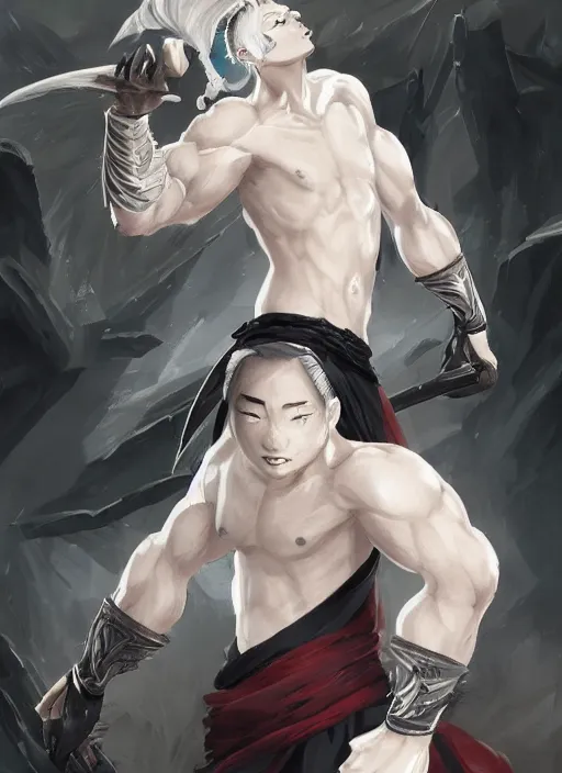 Image similar to a highly detailed illustration of fierce short white haired parted through the middle young attractive asian man, wearing hakama, with black sclera eyes, heroically battle posing, muscular, intricate, elegant, highly detailed, centered, digital painting, artstation, concept art, smooth, sharp focus, league of legends concept art, WLOP