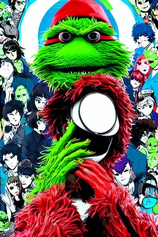 Prompt: “ oscar the grouch on the cover of persona 5 ”