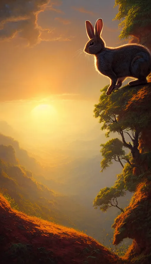 Image similar to hyper realistic rabbit looking off of a cliff, sun setting behind rabbit silhouette, lush forest in valley below, painted by craig mullins, j. c. leyendecker 8 k