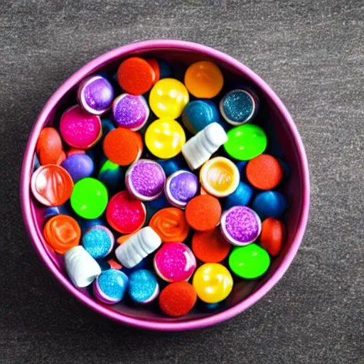 Image similar to Bowl containing a mixture of colorful, dangerous pills and harmless candies. Can you guess which is which?