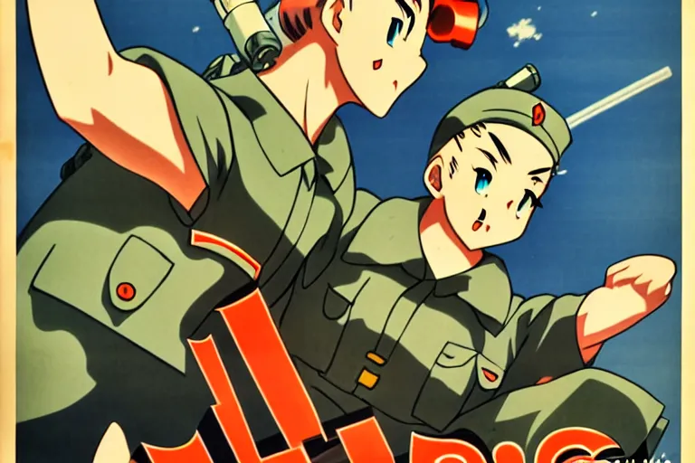 Prompt: uwu, 1940s, war, anime, poster, tanks