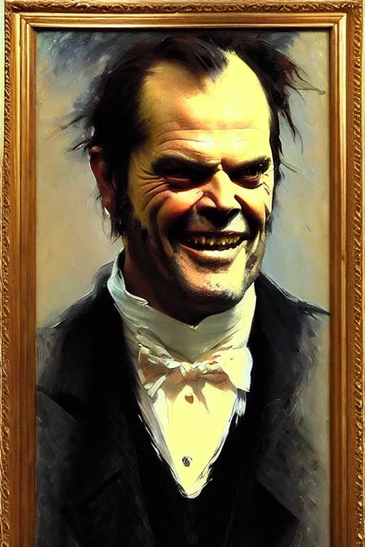 Image similar to impressionist brushstrokes!!!! beeple and richard schmid and jeremy lipking victorian loose genre loose painting full length portrait painting of a victorian male vampire ( ( jack nicholson ) )