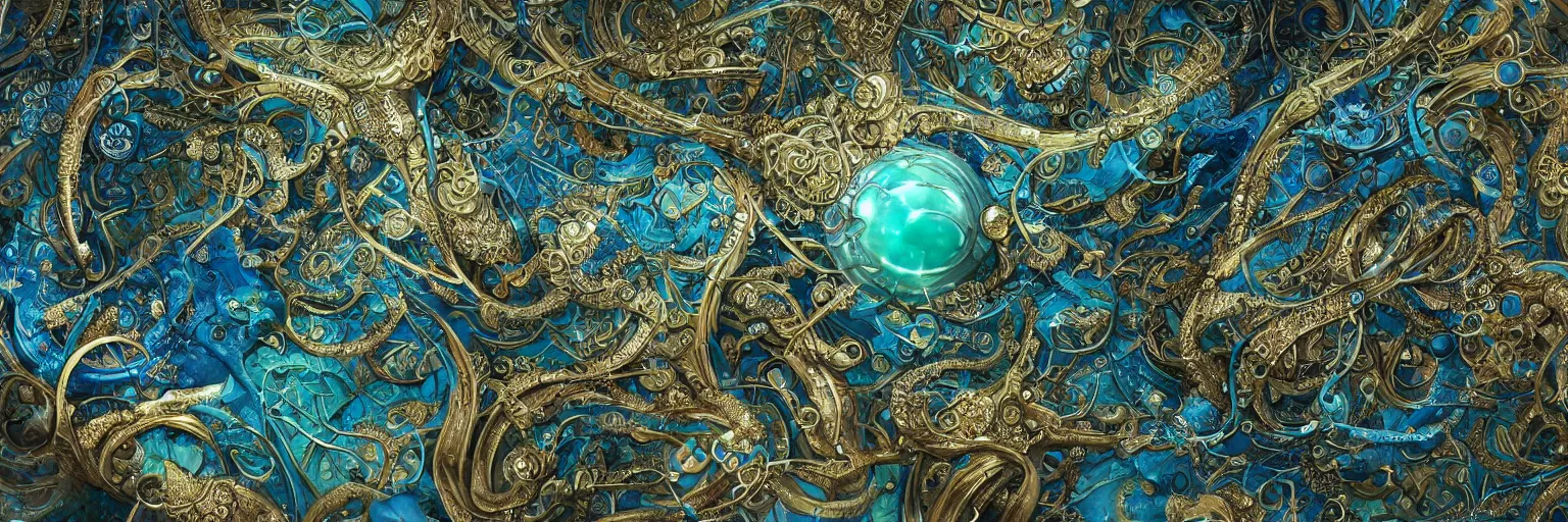 Prompt: Jaquet Droz, Tomer Hanuka, smooth liquid metal with detailed line work, Mandelblub fractal, Exquisite detail, blue neon details, green neon details, white ceramic shapes, hyper detailed, intricate illustration, golden ratio, steampunk, smoke, neon lights, steampunk forest background, liquid polished metal, by peter mohrbacher trending on artstation, photo realistic, octane render