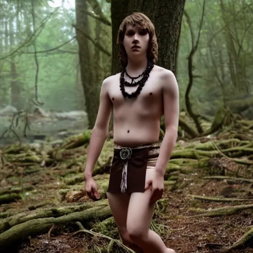 Prompt: a teenage boy, around 1 9 yo. necklace. natural brown hair. loincloth, pale skin, looking around. detailed face. ominous and eerie looking forest in background. natural colors. realistic photo. 8 k