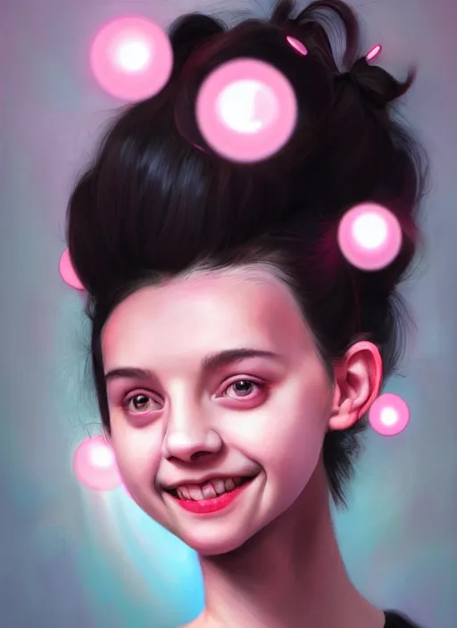 Image similar to portrait of high school girl, realistic, black hair, bangs, half updo hairstyle, pointy nose, skinny, smile, ugly, defined jawline, big chin, pink hair bow, earrings, intricate, elegant, glowing lights, highly detailed, digital painting, artstation, sharp focus, illustration, art by wlop, mars ravelo and greg rutkowski