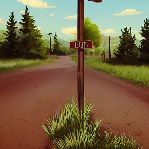 Image similar to old dirt road intersection with wooden signs artstation, digital art, wide shot
