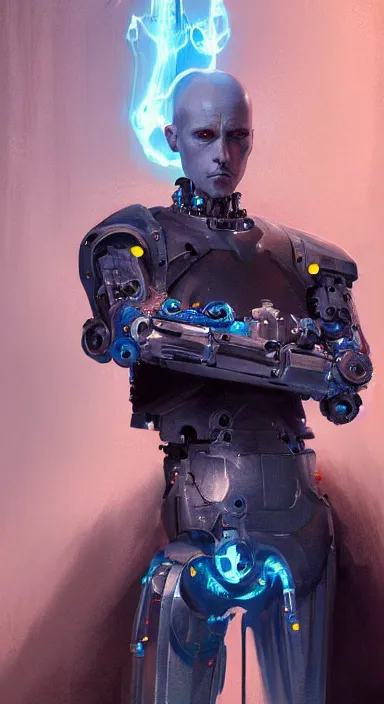 Image similar to full length portrait of a catholic cyborg monk robot dj with piercing blue eyes, dramatic light, cinematic background, depth, high detail, digital art, 4 k, painted by greg rutkowski and quentin tarantino, trending on artstation