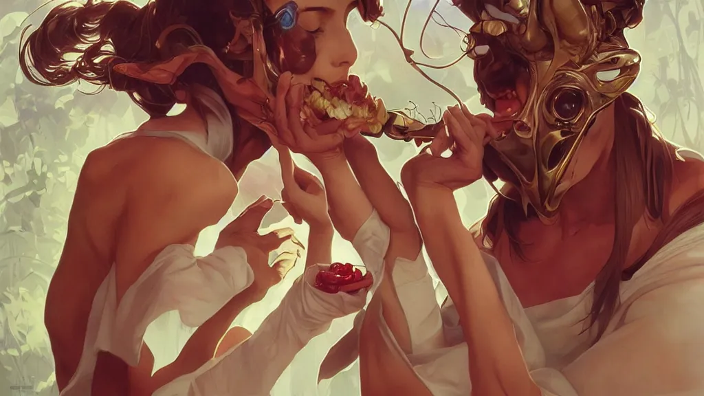 Image similar to eating by an alien digital artwork by artgerm and wlop and alex ross and alphonse mucha, trending on artstation