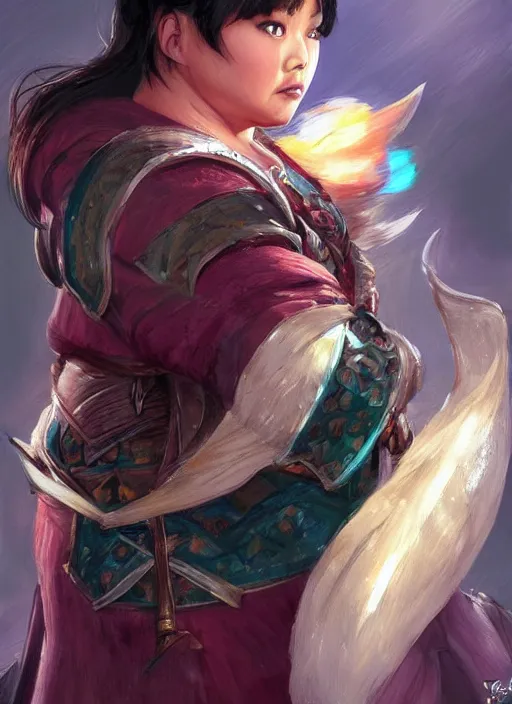 Image similar to slightly chubby asian with medium black parted hair, dndbeyond, bright, colourful, realistic, dnd character portrait, full body, pathfinder, pinterest, art by ralph horsley, dnd, rpg, lotr game design fanart by concept art, behance hd, artstation, deviantart, hdr render in unreal engine 5