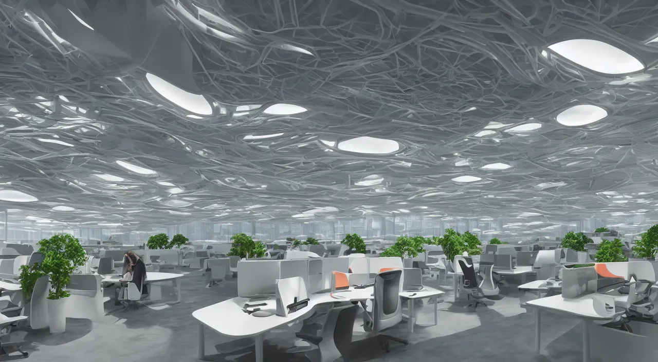 Prompt: futuristic open office with parks and plants, glowing computer screens, made with glossy white plastic and large windows and voluminous light and light rays, extremely intricate, very detailed, in style of zaha hadid, artstation, octane render, with reds and oranges, cinematic lighting