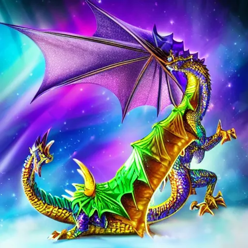 Prompt: magnificent crystal dragon, silky purple in color, rainbow Starburst background, focus on dragon