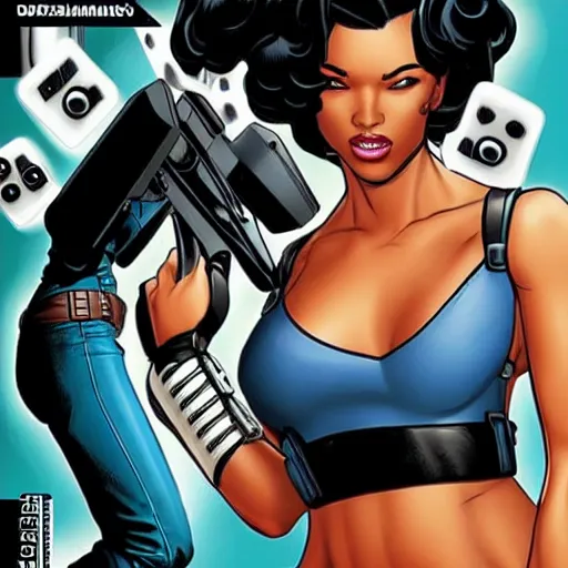 Image similar to Domino from Marvel Comics with Mia Khalifia face,