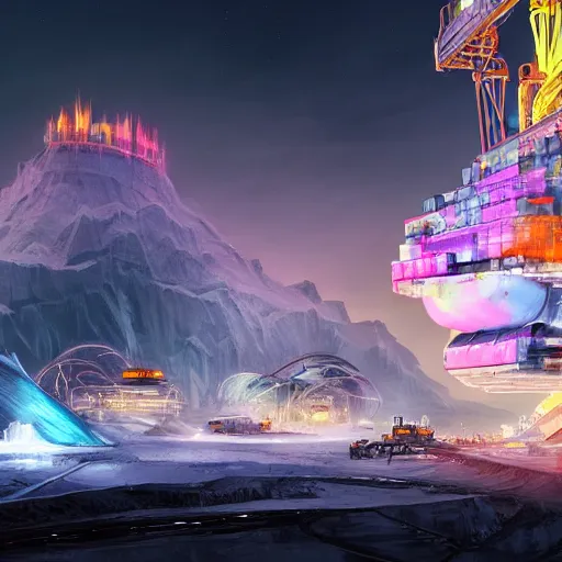 Prompt: industrial futuristic ice mine, with spaceships in the sky, long exposure, neon signs, cinematic, epic, 4 k, concept art by feng zhu