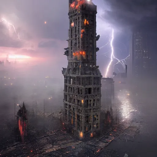 Prompt: a destroyed 1 9 0 0 city with a big tower in the middle covered in mist, lightning bolts hitting and exploding the buildings, by michal karcz