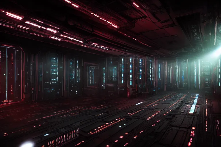 Prompt: a dark vibrant sci - fi rendering of a spacecraft interior, corridor, rows of doors, sparks from ceiling lights in the style of dead space, cinematic, depth of field, anamorphic lens